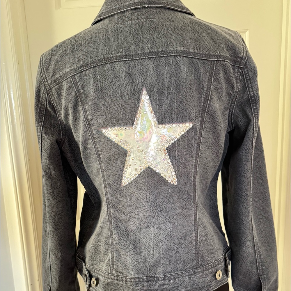 Upcycled Baccini Black Denim Jacket with Star and Stud Accents